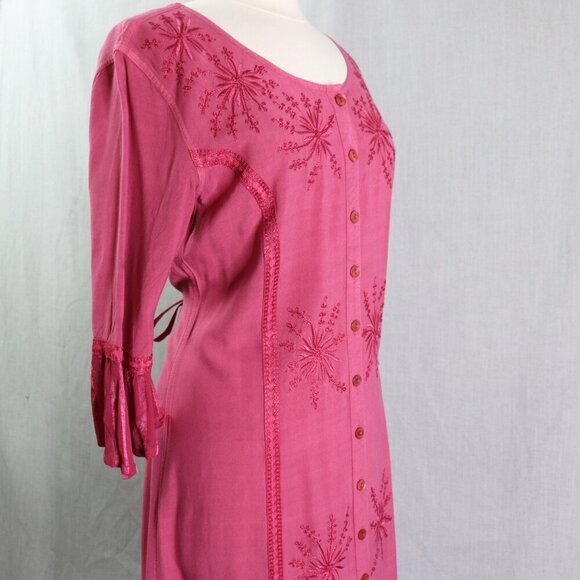 BFA Classic Embroidered Button Front Dress M Boho Fuchsia Rayon Midi Tie Back - Picture 6 of 16